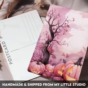 Postcard Print Pink Halloween Tree Pumpkins | Single Postcard | A6 | 4x6 | Glossy finish | Rounded Corners | Penpals | Printed | PC543