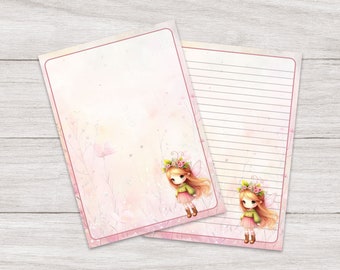 Writing Paper A5 Pink Garden Fairy | Kawaii Girl | Cute Letter Stationery | Penpals | Lined or Blank | Printed & Shipped | For Kids | Gift