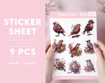 Pastel Steampunk Birds Sticker Sheet | Pink Floral | Cute Stickers | Matte or Glossy | A6 | 6x4 | 4x6 | Journal | Planner | Laptop | Gift