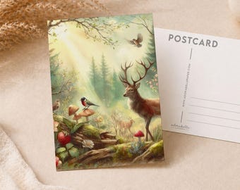 Retro Woodland Deer Postcard – Spring Animals, Forest Scene