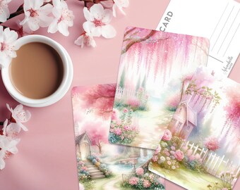 Postcard Pack of 3 Pink Sakura Fairy Garden | A6 | Glossy finish | Rounded Corners | Pastel Cute Romantic | Penpals |Printed & Shipped |Gift