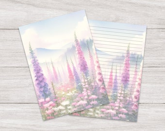 Writing Paper A5 Foxglove Field | Floral Summer | Cute Letter Stationery | Penpals | Lined or Blank | Printed & Shipped | For Kids | Gift