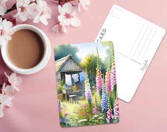 Postcard Print Foxglove Cottage | Summer | Single Postcard | A6 | 4x6 | Glossy finish | Rounded Corners | Penpals |Printed & Shipped |Gift