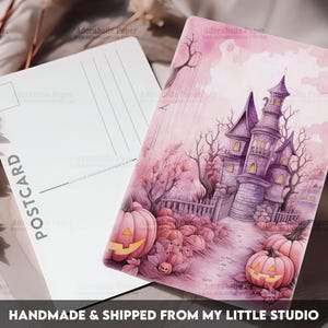 Postcard Print Pink Halloween House | Single Postcard | A6 | 4x6 | Glossy finish | Rounded Corners | Penpals | Printed & Shipped | PC542