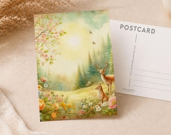 Retro Woodland Animals Postcard – Spring Flowers, Penpal Stationery