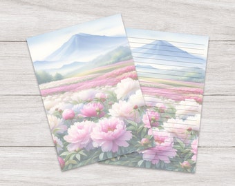 Writing Paper A5 Peony Mountain | Pink Flower Field | Cute Letter Stationery | Penpals | Lined or Blank | Printed & Shipped | For Kids |Gift