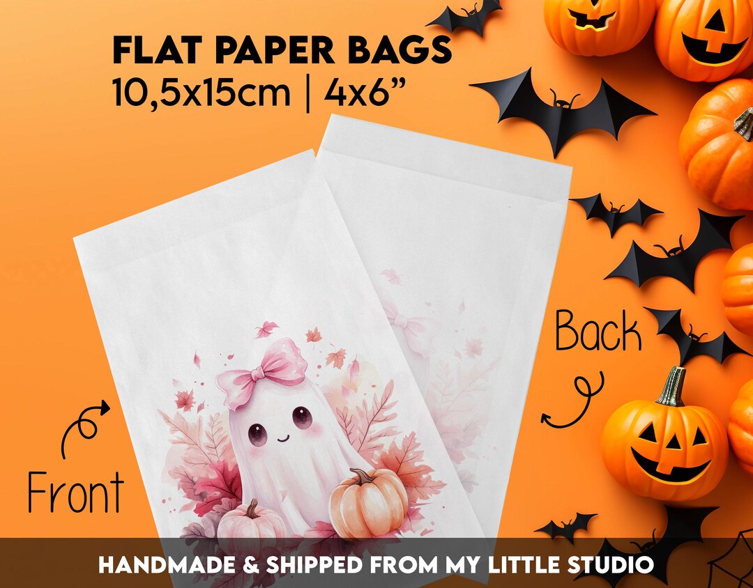Halloween Treat Bags 6-Pack - Black & Pink Little Boo Ghost Pattern Goodie Bags With Handles
