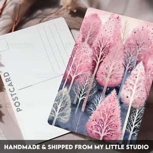 Postcard Print Pink Winter Christmas Trees | Single Postcard | A6 | 4x6 | Glossy finish | Rounded Corners | Penpals | Printed | PC613