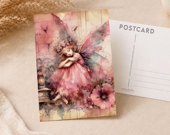 Ethereal Fairy Postcard – Pink Flowers, Whimsical Art, Stationery