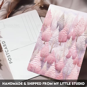 Postcard Print Pink Winter Christmas Fir Trees | Single Postcard | A6 | 4x6 | Glossy finish | Rounded Corners | Penpals | Printed | PC612