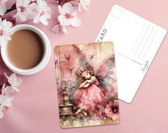 Postcard Vintage Pink Fairy | Single Postcard | A6 | Glossy finish | Rounded Corners | Cute Romantic | Penpals | Printed & Shipped | Gift