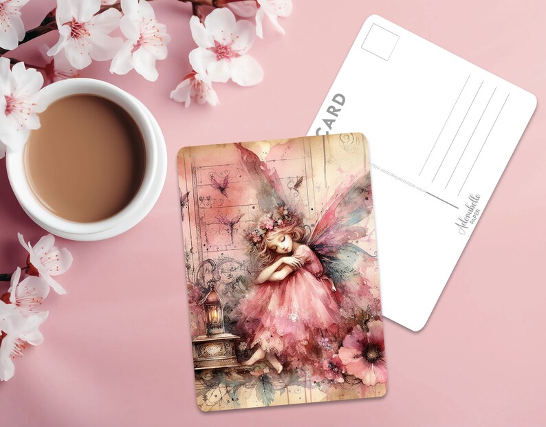 Postcard Print Vintage Pink Fairy Single Postcard A6 Glossy finish Rounded Corners Cute Card Penpals Printed & Shipped Gift image 1