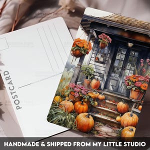 Postcard Print Halloween Cottage w Pumpkins | Single Postcard | A6 | 4x6 | Glossy finish | Rounded Corners | Penpals | Printed | PC553