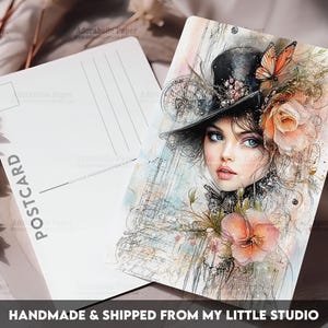 Postcard Print Victorian Top Hat Girl | Retro Shabby Chic | Single Postcard | A6 | 4x6 | Glossy finish | Rounded Corners | Printed | PC608