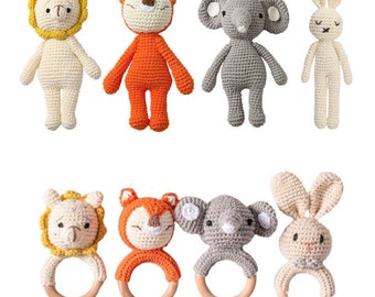 Knitted Dolls Toy Cute Animal Wooden Baby Rattle for Children