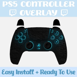 May include: A black PlayStation 5 controller with a brick pattern overlay. The controller has blue glowing lights around the buttons and the touchpad. The text "PS5 CONTROLLER OVERLAY" is at the top of the image. The text "Easy Install + Ready To Use" is at the bottom of the image.