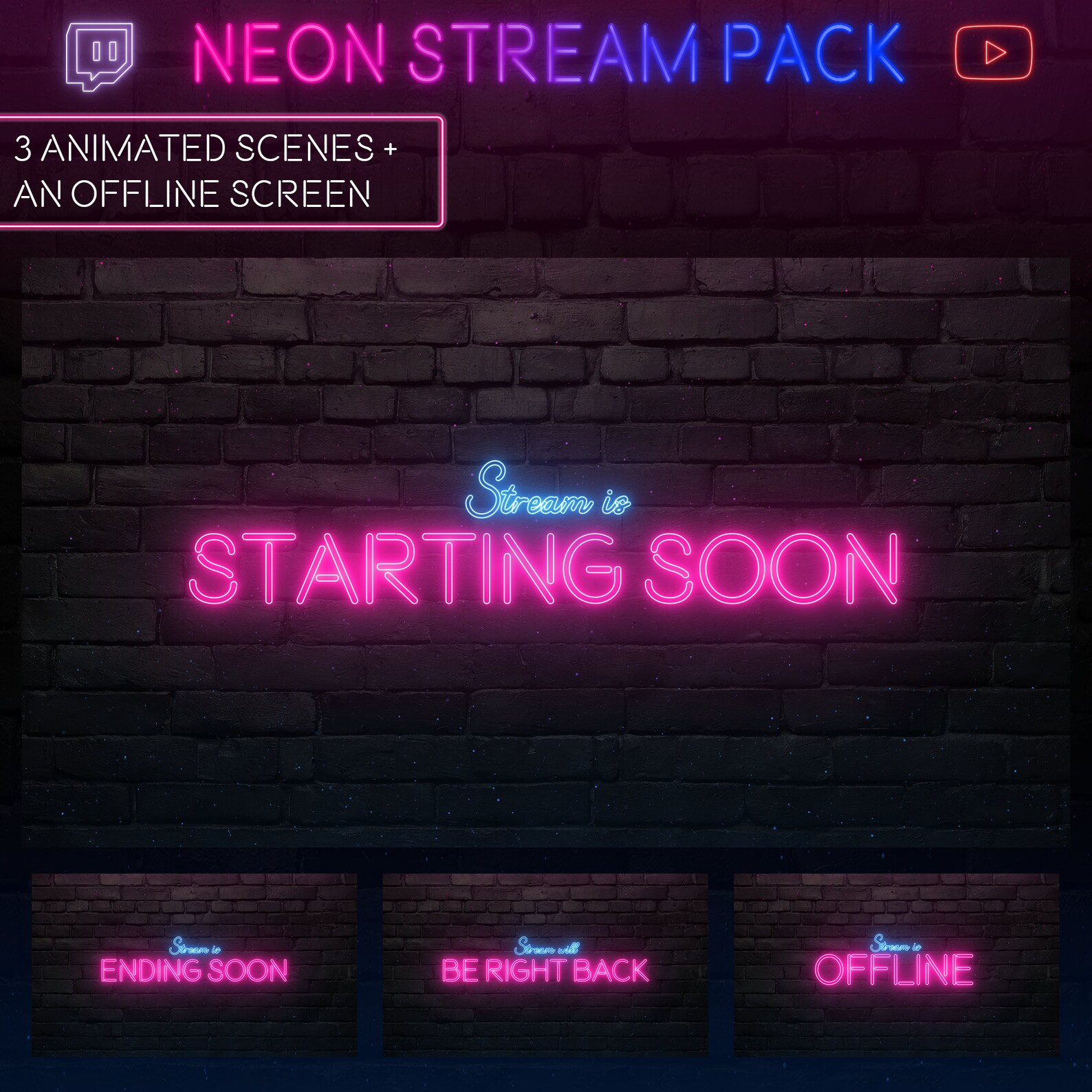 Blue/pink NEON Stream Pack | Instant Download | Twitch/youtube Overlays ...