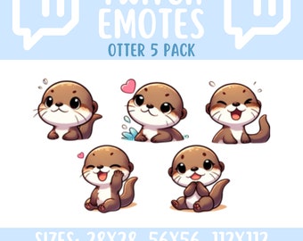 Pode incluir: Cinco emotes do Twitch com adoráveis ​​nutrias de desenho animado com diferentes expressões. Os emotes estão em várias poses, incluindo uma nutria com um coração acima de sua cabeça, outra nutria com gotas de água ao redor e outra nutria com a boca aberta em uma expressão feliz. Os emotes estão disponíveis em três tamanhos: 28x28, 56x56 e 112x112. O texto "Twitch Emotes Otter 5 Pack" é exibido acima dos emotes.