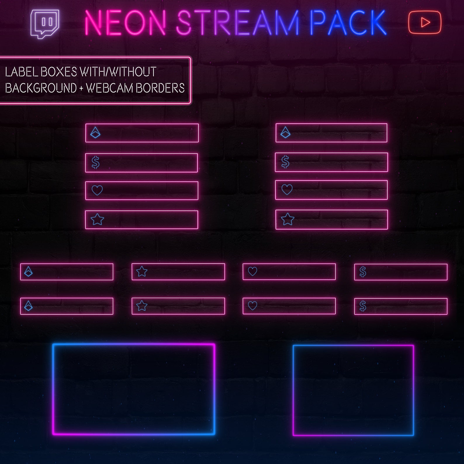 Blue/pink NEON Stream Pack | Instant Download | Twitch/youtube Overlays ...