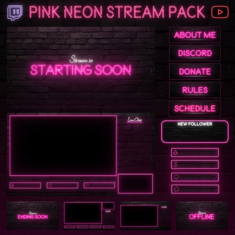 May include: Pink neon stream pack for Twitch with a brick background. The pack includes a starting soon screen, ending soon screen, offline screen, and various buttons for about me, discord, donate, rules, schedule, and new follower.