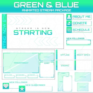 May include: A digital streaming package design in green and blue, with animated elements. It includes text boxes for chat and labels like "Starting," "Offline," and "Right Back." The design is for online content creators.