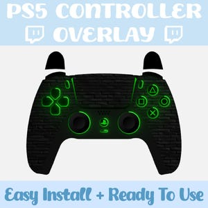 May include: A black PlayStation 5 controller with a brick pattern overlay. The controller has green glowing buttons and a green glowing PlayStation logo. The text "PS5 CONTROLLER OVERLAY" is displayed above the controller.