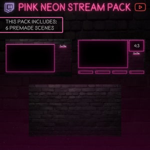 May include: Pink neon stream pack for Twitch with 6 premade scenes. The pack includes a brick wall background, a 16:9 screen, a 4:3 screen, and a chat bar.