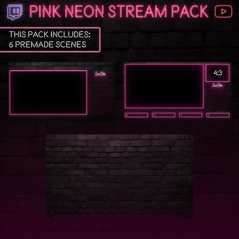 May include: Pink neon stream pack for Twitch with 6 premade scenes. The pack includes a brick wall background, a 16:9 screen, a 4:3 screen, and a chat bar.