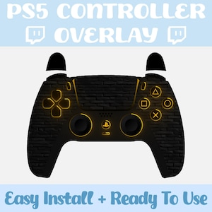 May include: Black PS5 controller overlay with a brick design and glowing yellow accents. The overlay features the text "PS5 Controller Overlay" and "Easy Install + Ready To Use".