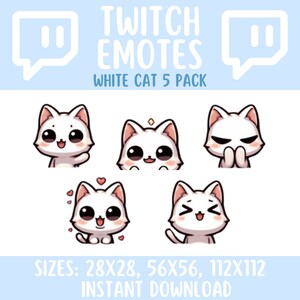 5 Pack of Cute Chibi White Cat Emotes for Twitch/Discord/Youtube | Instant Download