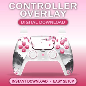 May include: White controller overlay with pink buttons and a cherry blossom design. The overlay features the text "CONTROLLER OVERLAY" and "DIGITAL DOWNLOAD". The bottom banner reads "INSTANT DOWNLOAD • EASY SETUP".
