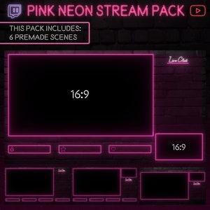 May include: Pink neon stream pack for Twitch and YouTube with 6 premade scenes. The pack includes a large 16:9 screen, a smaller 16:9 screen, and three smaller rectangular screens. The screens are outlined in pink neon.