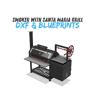 Puede incluir: Un ahumador negro con un diseño de parrilla Santa María. La parrilla presenta una rueda y detalles en rojo, una repisa lateral y una repisa inferior de almacenamiento. El texto "SMOKER WITH SANTA MARIA GRILL DXF & BLUEPRINTS" se muestra en la parte superior.