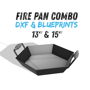 Pode incluir: Brasero preto hexagonal com alças de metal. O texto "FIRE PAN COMBO DXF & BLUEPRINTS 13" & 15"" é exibido acima. Projetado para uso ao ar livre, provavelmente feito de metal. As medidas são 33 cm e 38 cm.