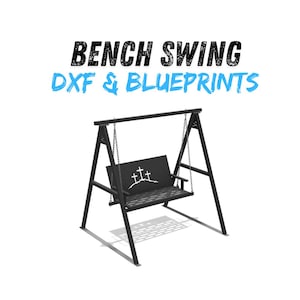 Puede incluir: Un columpio de banco de metal negro con marco y cadenas, que presenta un respaldo con un diseño recortado de tres cruces sobre una colina. El texto superior dice BENCH SWING DXF & BLUEPRINTS. Este archivo digital proporciona el diseño.