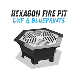 Puede incluir: Un brasero hexagonal negro con una parte superior de rejilla plateada. El brasero tiene un diseño moderno y está elevado sobre cuatro patas cortas. El texto en la imagen dice "HEXAGON FIRE PIT DXF & BLUEPRINTS."