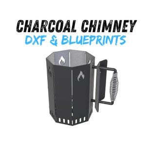 May include: A black charcoal chimney with a handle and a spring grip. The chimney has flame cutouts and the text "CHARCOAL CHIMNEY DXF & BLUEPRINTS" in black and blue.