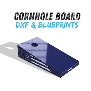 May include: A navy blue cornhole board with a glossy finish. The board features a circular hole and a design resembling the American flag. The text "CORNHOLE BOARD DXF & BLUEPRINTS" is displayed above the board.
