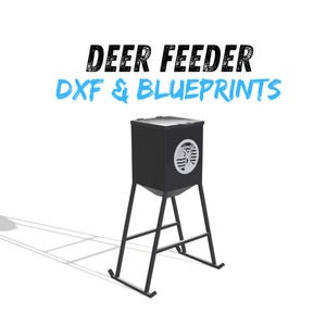 May include: A black metal deer feeder with a square hopper and four angled legs. The front of the hopper features a circular emblem with a deer head and flag pattern. The text DEER FEEDER DXF & BLUEPRINTS is displayed above the feeder in black and blue.