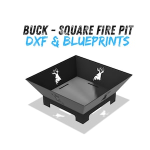 May include: Black square fire pit with deer head cutouts. The fire pit has a square base and is made of metal. The text "BUCK - SQUARE FIRE PIT DXF & BLUEPRINTS" is displayed at the top of the image.