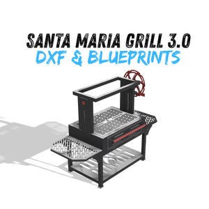 May include: A black and silver Santa Maria Grill 3.0 with DXF and blueprints text. The grill features a metal frame, a silver cooking grate, side shelves, a lower storage shelf, and a red manual crank wheel for adjusting the height of the grate.