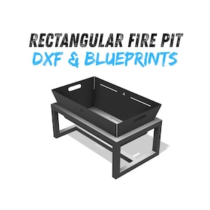 Könnte beinhalten: Ein schwarzer rechteckiger Feuerkorb mit passendem Ständer. Der Feuerkorb hat Griffe und ist mit "RECTANGULAR FIRE PIT DXF & BLUEPRINTS" in schwarzer und blauer Schrift beschriftet. Das Design ist modern und geometrisch.
