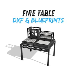 May include: A digital rendering of a fire table with the text FIRE TABLE DXF & BLUEPRINTS. The black metal table features a square frame, a tall crate-like structure with a Texas cutout, and two tiered metal platforms with perforated surfaces.
