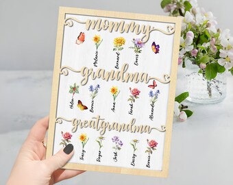 Custom Birth Month Flowers, Mom Grandma and Great Grandma Sign, Personalized Grandma's Garden Sign, Gift For Mom, Gift For Grandma Aussiie