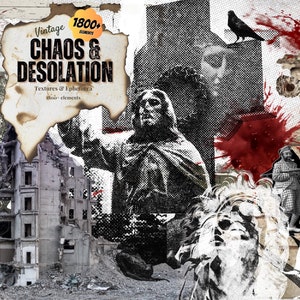 May include: A digital collage of vintage textures and ephemera, featuring a crumbling building, a statue of a robed figure, a crow, and a red blood splatter. The text "Vintage 1800+ elements Chaos & Desolation Textures & Ephemera 800+ elements" is visible in the top left corner.