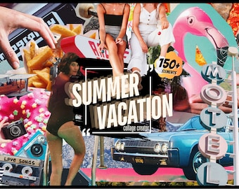 Trendy retro zomervakantie collage maker, 150+ clipartbundel, retrostijl knipsel, DIY aanpasbaar, png, afdrukbaar