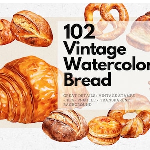 Lot de 102 cliparts aquarelle pain frais vintage, art culinaire rétro, graphisme, pâtisseries, bonbons, PNG, graphisme, art personnalisable bricolage, imprimable
