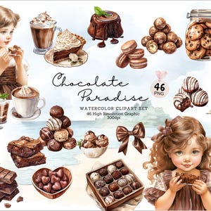 Schokoladenparadies - 46 Aquarell Clipart Pakete, Kuchen, Süßigkeiten, Desserts, Schokolade, Schokolade, Junk Journal
