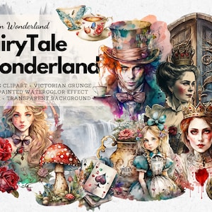 Fairytale Wonderland - Fantasy Alice in Wonderland 48 clipartbundel, premade clipart, Victoriaans, grunge, Londen, gotisch, png, afdrukbaar