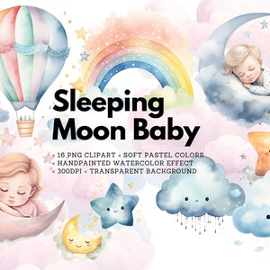 Slapende maan baby clipartbundel, 16 premade aquarel clipart, regenboog/maan/sterren/zoete dromen, png, DIY aanpasbare kunst, afdrukbaar